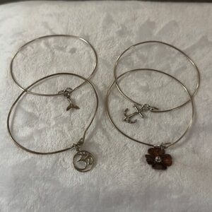 Lot of 4 Sterling Bangle Charm Bracelets: Whale Tale, Anchor, Om, Brass Flower